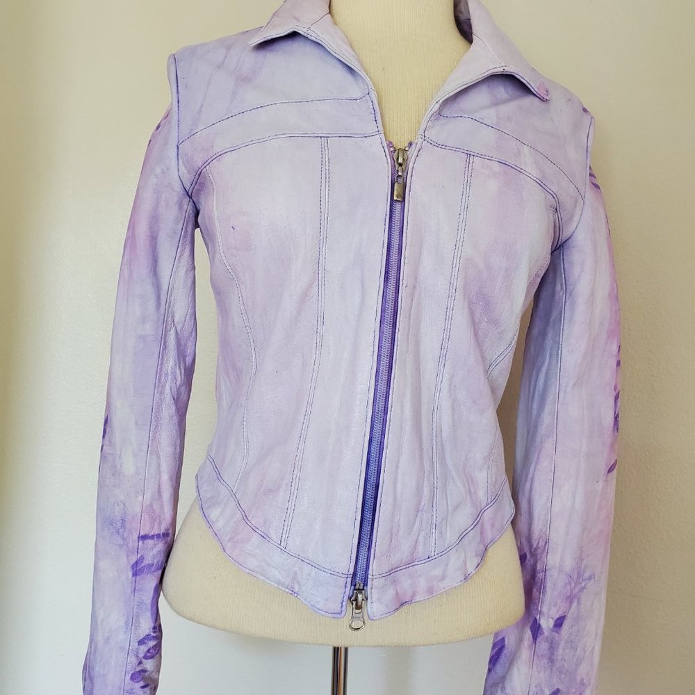 white purple pink Leather Motorcycle biker bomber Jacket tie dyed 2 4 6 XS small - Picture 8 of 10